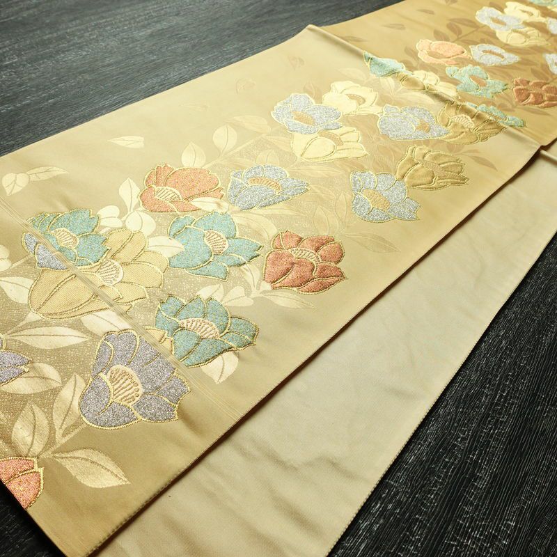 袋帯 六通柄 良品 フォーマル用 正絹 花柄 金糸 帯 入学式 卒業式 ベージュ_画像8