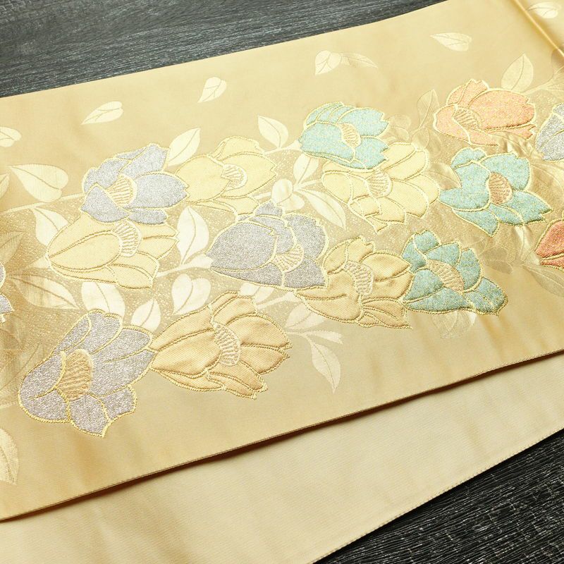 袋帯 六通柄 良品 フォーマル用 正絹 花柄 金糸 帯 入学式 卒業式 ベージュ_画像11