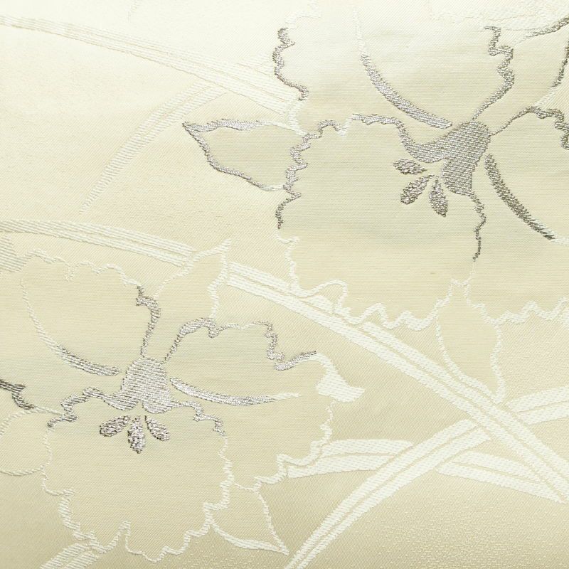 名古屋帯 六通柄 正絹 花柄 名古屋仕立て 箔 銀糸 帯 クリーム_画像2