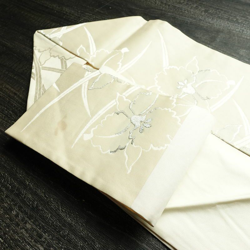 名古屋帯 六通柄 正絹 花柄 名古屋仕立て 箔 銀糸 帯 クリーム_画像21