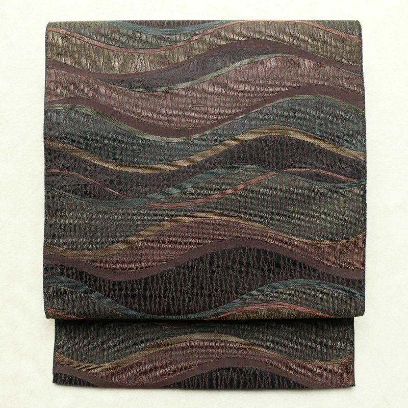 名古屋帯 六通柄 良品 正絹 流水・波柄 松葉仕立て 帯 多色使い_画像1