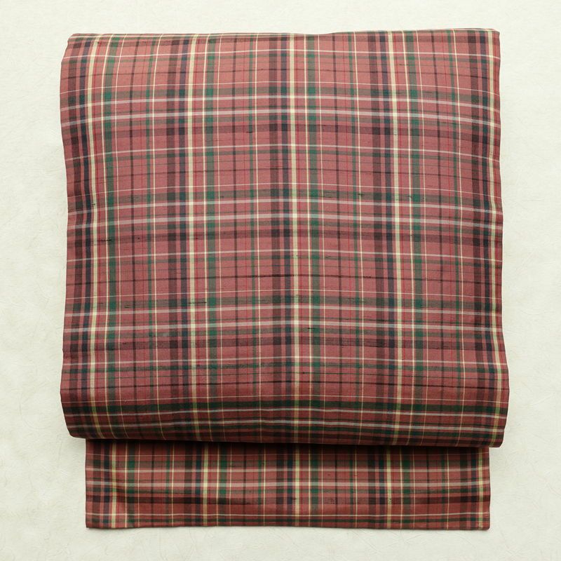 名古屋帯 全通柄 正絹 チェック・格子柄 名古屋仕立て 帯 紬地 ピンク_画像1