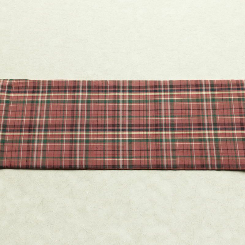 名古屋帯 全通柄 正絹 チェック・格子柄 名古屋仕立て 帯 紬地 ピンク_画像12