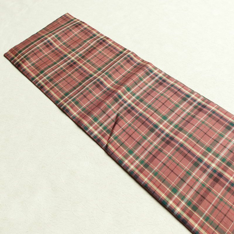 名古屋帯 全通柄 正絹 チェック・格子柄 名古屋仕立て 帯 紬地 ピンク_画像14