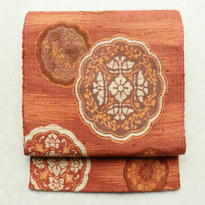 名古屋帯 六通柄 良品 正絹 幾何学柄・抽象柄 松葉仕立て 帯 紬地 ピンク_画像1