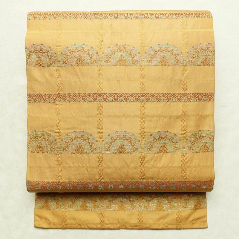 名古屋帯 六通柄 良品 正絹 縞柄・線柄 名古屋仕立て 箔 帯 黄・黄土色_画像1