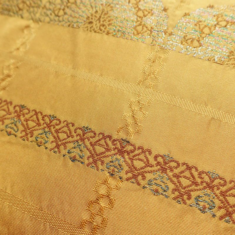 名古屋帯 六通柄 良品 正絹 縞柄・線柄 名古屋仕立て 箔 帯 黄・黄土色_画像5