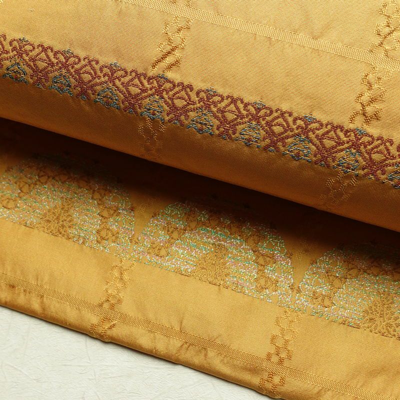 名古屋帯 六通柄 良品 正絹 縞柄・線柄 名古屋仕立て 箔 帯 黄・黄土色_画像6