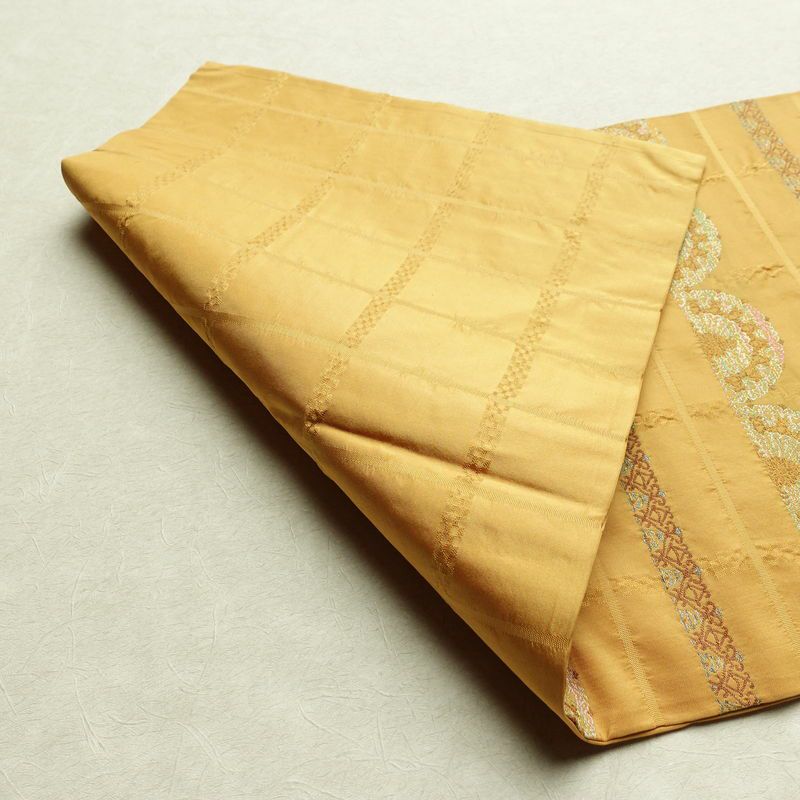 名古屋帯 六通柄 良品 正絹 縞柄・線柄 名古屋仕立て 箔 帯 黄・黄土色_画像8