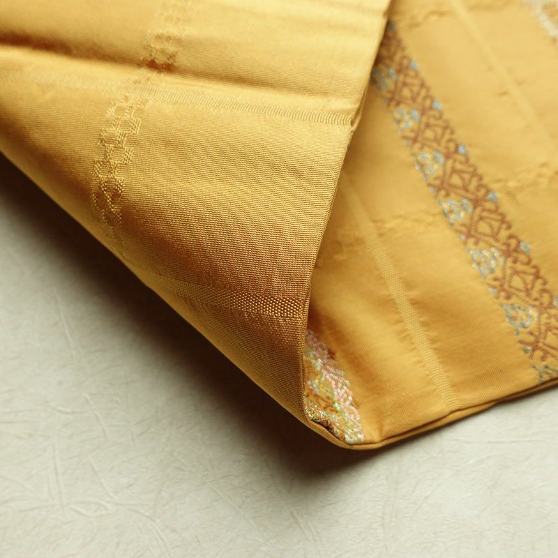 名古屋帯 六通柄 良品 正絹 縞柄・線柄 名古屋仕立て 箔 帯 黄・黄土色_画像9