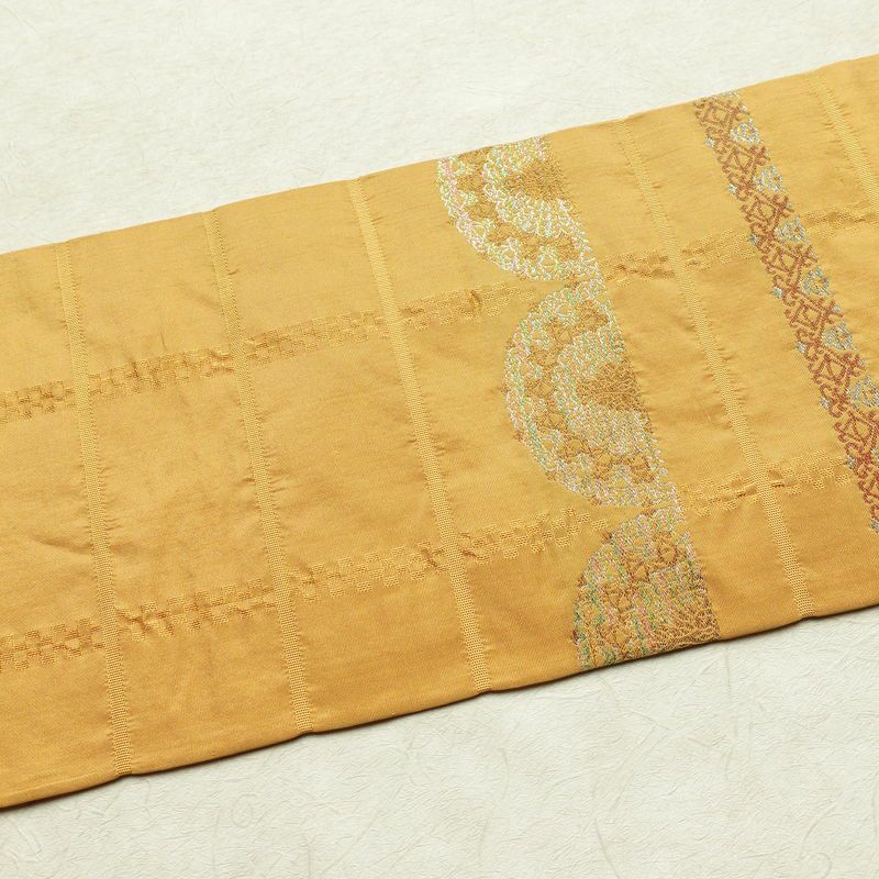 名古屋帯 六通柄 良品 正絹 縞柄・線柄 名古屋仕立て 箔 帯 黄・黄土色_画像14