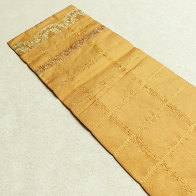 名古屋帯 六通柄 良品 正絹 縞柄・線柄 名古屋仕立て 箔 帯 黄・黄土色_画像15