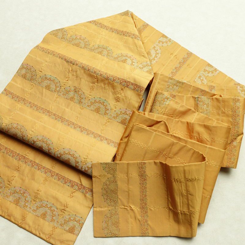 名古屋帯 六通柄 良品 正絹 縞柄・線柄 名古屋仕立て 箔 帯 黄・黄土色_画像16