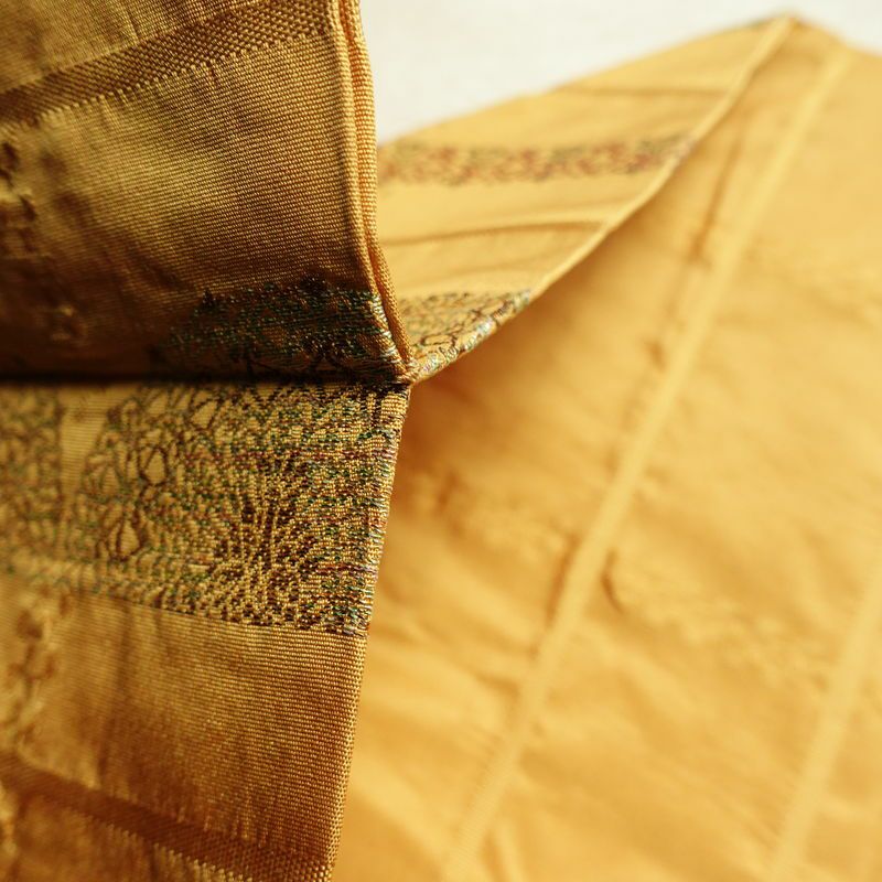 名古屋帯 六通柄 良品 正絹 縞柄・線柄 名古屋仕立て 箔 帯 黄・黄土色_画像19