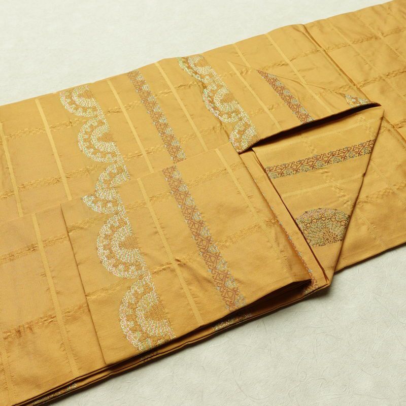 名古屋帯 六通柄 良品 正絹 縞柄・線柄 名古屋仕立て 箔 帯 黄・黄土色_画像20