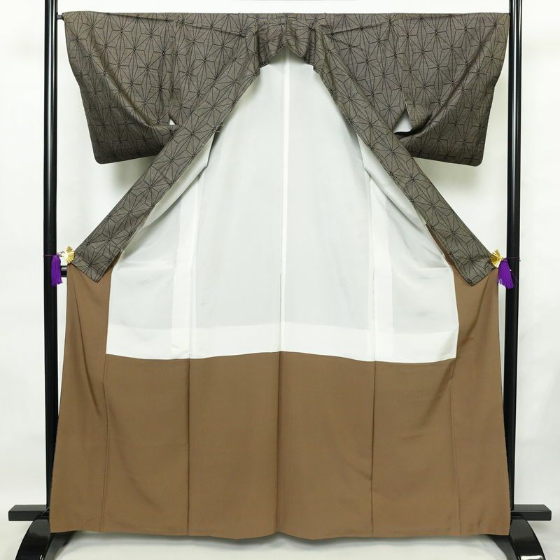 大島紬 良品 証紙なし 正絹 麻の葉柄 袷仕立て 身丈164.5cm 裄丈66.5cm 着物 茶_画像3