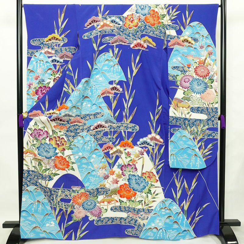 振袖 縮緬 正絹 古典柄 袷仕立て 身丈166.5cm 裄丈66.5cm フォーマル 着物 成人式 二十歳 青・紺_画像1