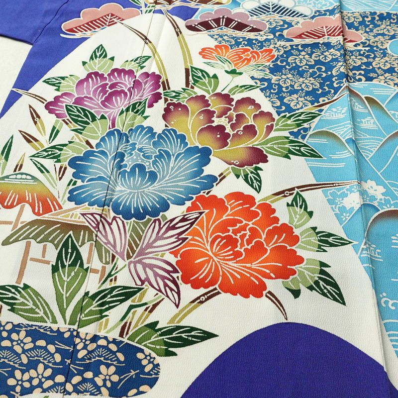 振袖 縮緬 正絹 古典柄 袷仕立て 身丈166.5cm 裄丈66.5cm フォーマル 着物 成人式 二十歳 青・紺_画像5