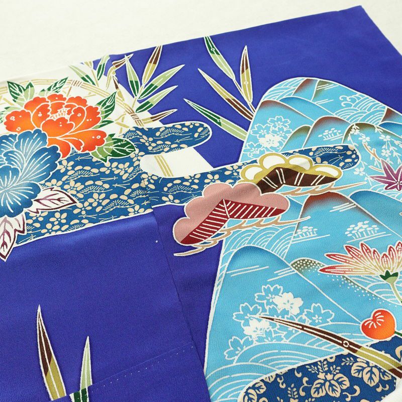 振袖 縮緬 正絹 古典柄 袷仕立て 身丈166.5cm 裄丈66.5cm フォーマル 着物 成人式 二十歳 青・紺_画像14