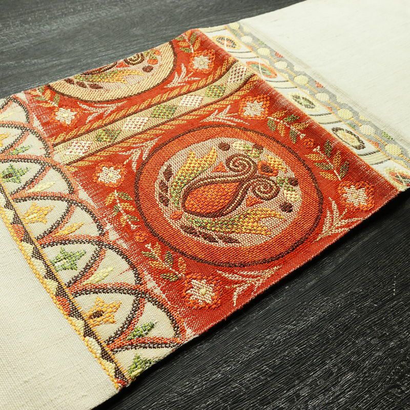 名古屋帯 太鼓柄 良品 正絹 幾何学柄・抽象柄 松葉仕立て 帯 紬地 白_画像11