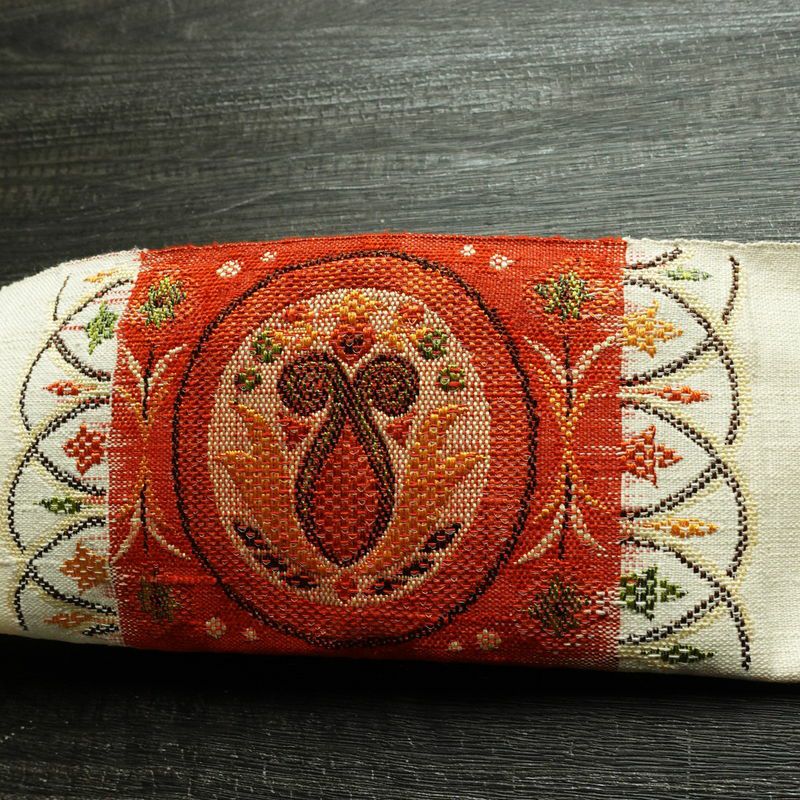 名古屋帯 太鼓柄 良品 正絹 幾何学柄・抽象柄 松葉仕立て 帯 紬地 白_画像13