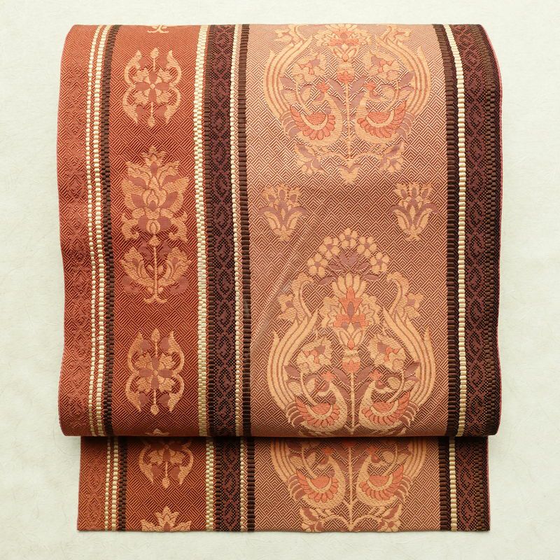 名古屋帯 六通柄 正絹 幾何学柄・抽象柄 松葉仕立て 帯 茶_画像1