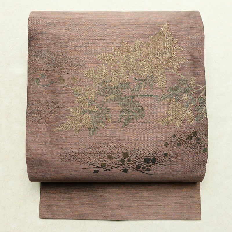 名古屋帯 太鼓柄 良品 正絹 木の葉・植物柄 名古屋仕立て 帯 小豆・エンジ_画像1