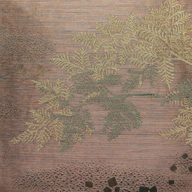 名古屋帯 太鼓柄 良品 正絹 木の葉・植物柄 名古屋仕立て 帯 小豆・エンジ_画像2