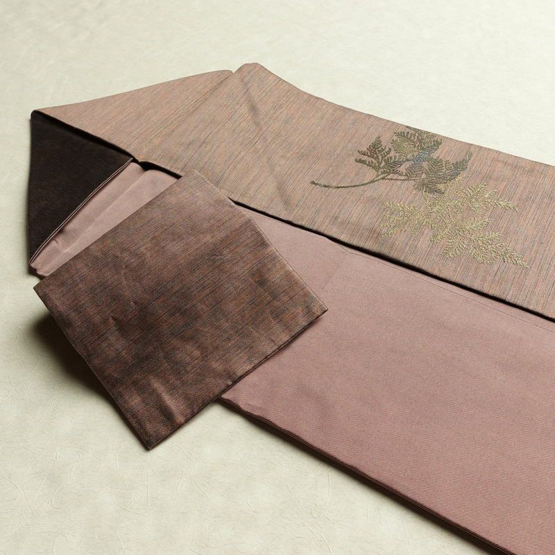 名古屋帯 太鼓柄 良品 正絹 木の葉・植物柄 名古屋仕立て 帯 小豆・エンジ_画像21