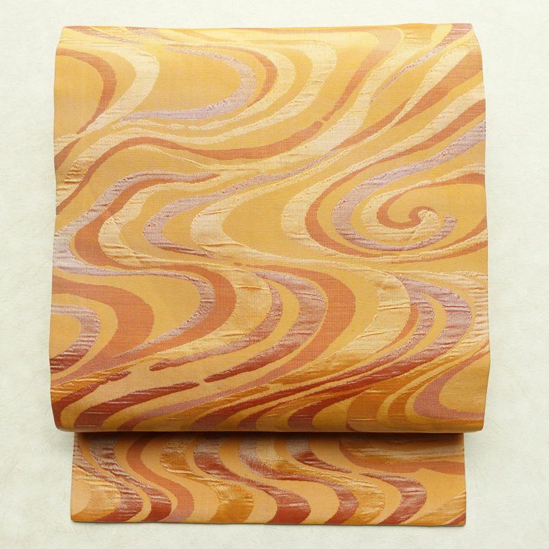 名古屋帯 六通柄 正絹 流水・波柄 名古屋仕立て 帯 橙_画像1