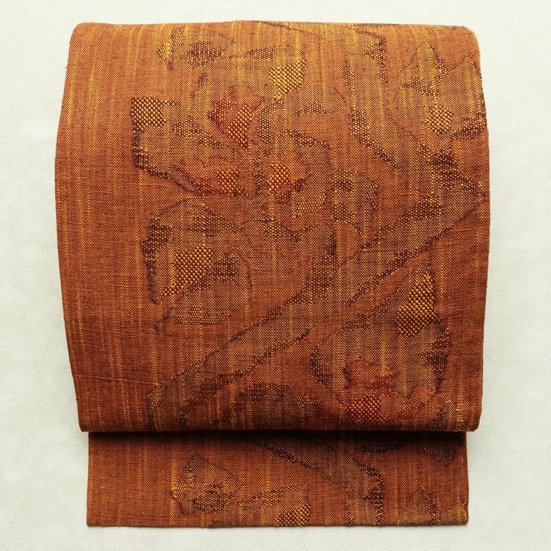 名古屋帯 六通柄 良品 正絹 木の葉・植物柄 松葉仕立て 帯 紬地 橙_画像1