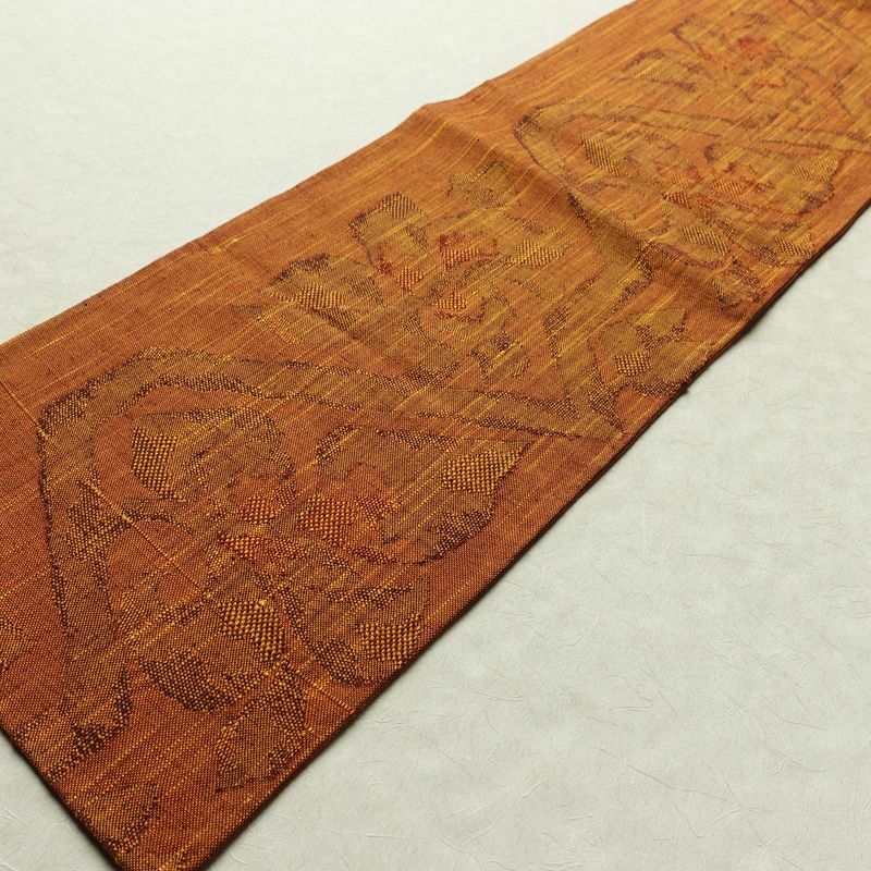 名古屋帯 六通柄 良品 正絹 木の葉・植物柄 松葉仕立て 帯 紬地 橙_画像8