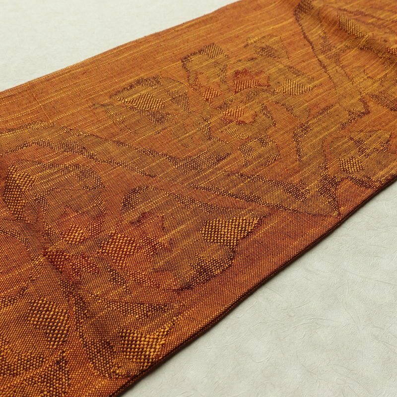 名古屋帯 六通柄 良品 正絹 木の葉・植物柄 松葉仕立て 帯 紬地 橙_画像11
