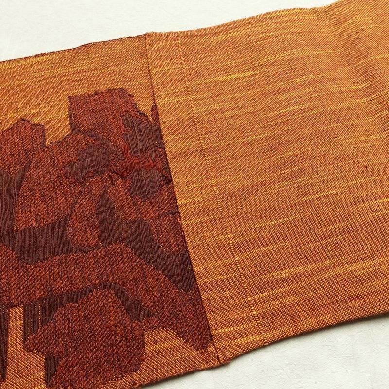 名古屋帯 六通柄 良品 正絹 木の葉・植物柄 松葉仕立て 帯 紬地 橙_画像17