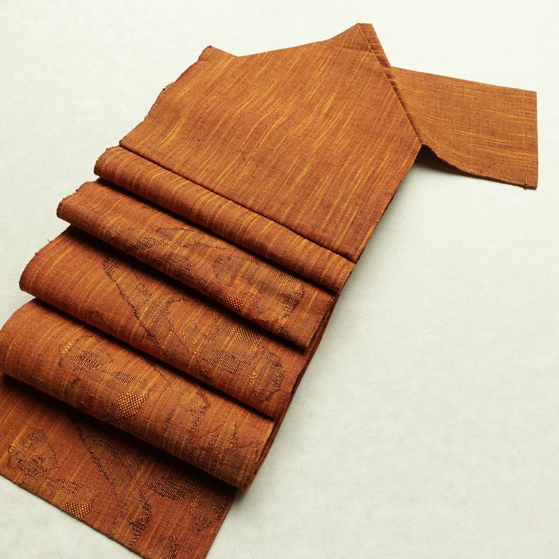 名古屋帯 六通柄 良品 正絹 木の葉・植物柄 松葉仕立て 帯 紬地 橙_画像18