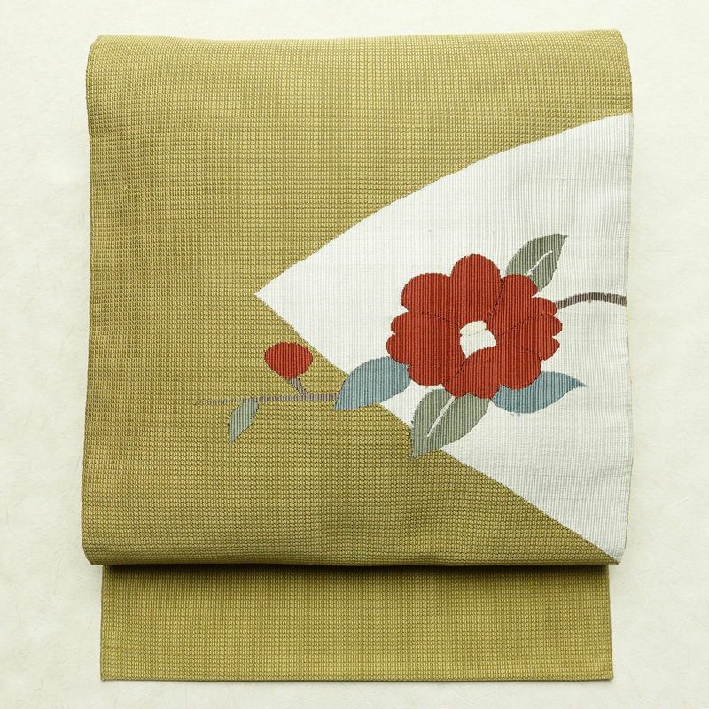 名古屋帯 太鼓柄 正絹 花柄 名古屋仕立て 帯 黄・黄土色_画像1