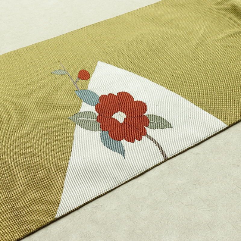 名古屋帯 太鼓柄 正絹 花柄 名古屋仕立て 帯 黄・黄土色_画像11