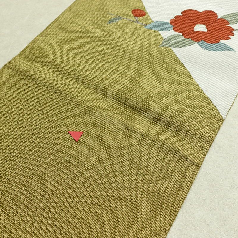 名古屋帯 太鼓柄 正絹 花柄 名古屋仕立て 帯 黄・黄土色_画像13