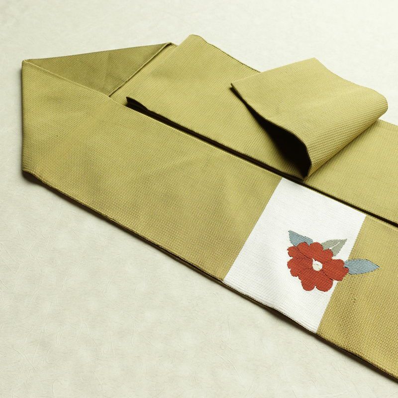 名古屋帯 太鼓柄 正絹 花柄 名古屋仕立て 帯 黄・黄土色_画像21