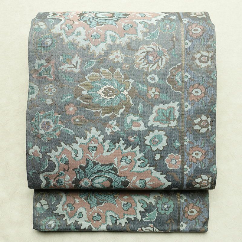 袋帯 六通柄 良品 フォーマル用 正絹 花柄 金通し 帯 入学式 卒業式 結婚式 青・紺_画像1