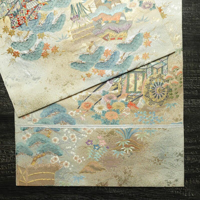 袋帯 嘉祥御車文 六通柄 フォーマル用 正絹 古典柄 箔 金糸 銀糸 帯 入学式 卒業式 結婚式 多色使い_画像14