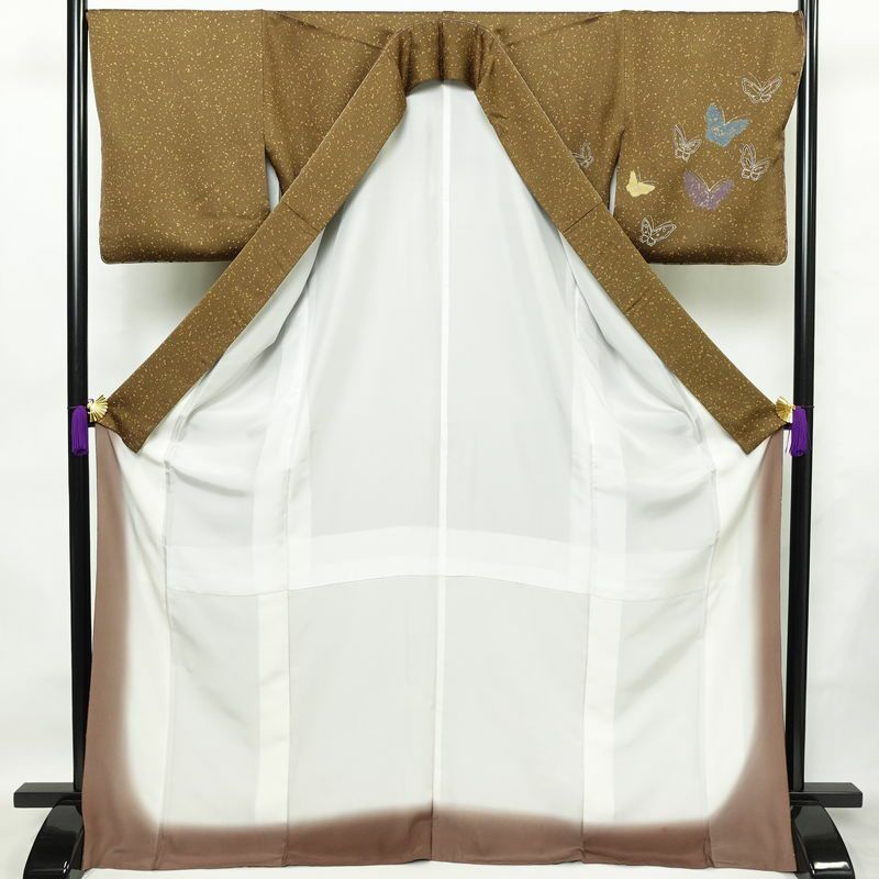 付け下げ 良品 しつけ糸付き 正絹 蝶・昆虫柄 袷仕立て 身丈171cm 裄丈69.5cm 箔 フォーマル 着物 入学式 卒業式 黄・黄土色_画像3