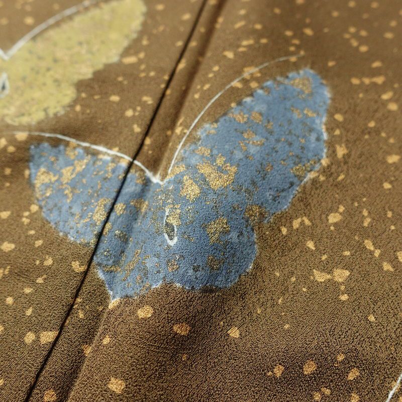 付け下げ 良品 しつけ糸付き 正絹 蝶・昆虫柄 袷仕立て 身丈171cm 裄丈69.5cm 箔 フォーマル 着物 入学式 卒業式 黄・黄土色_画像7