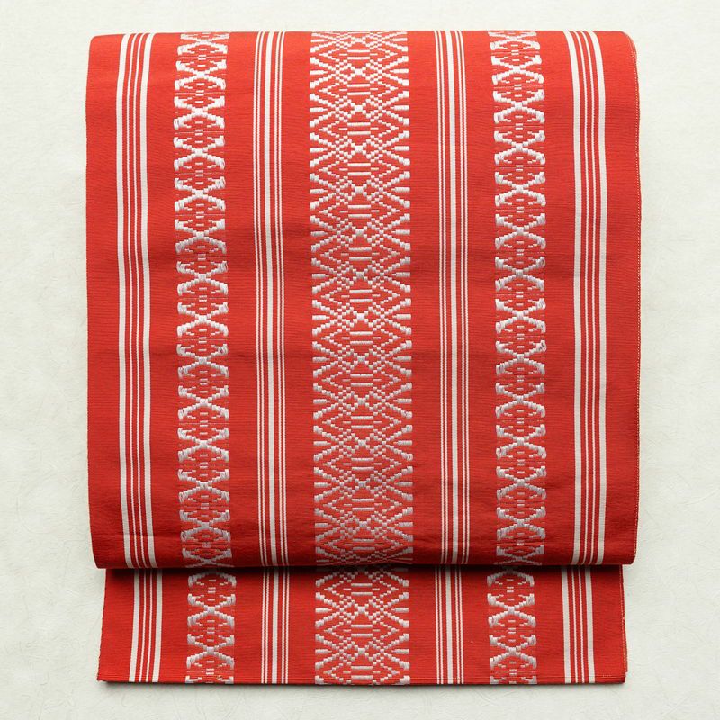 名古屋帯 全通柄 正絹 献上柄 縞柄・線柄 通し仕立て 帯 赤・朱_画像1