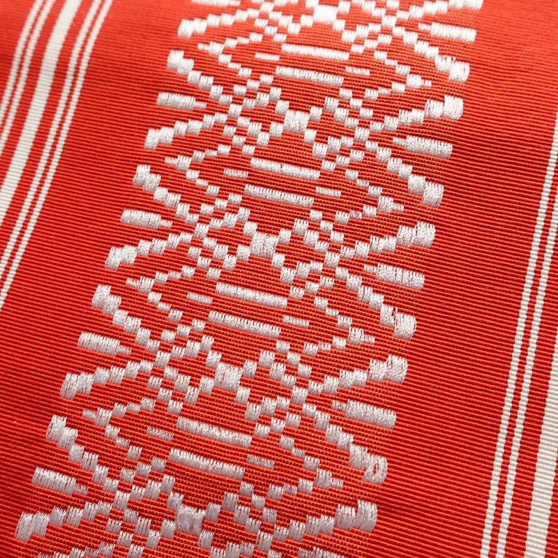 名古屋帯 全通柄 正絹 献上柄 縞柄・線柄 通し仕立て 帯 赤・朱_画像3