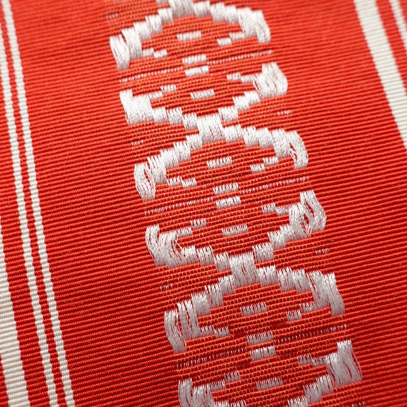 名古屋帯 全通柄 正絹 献上柄 縞柄・線柄 通し仕立て 帯 赤・朱_画像4