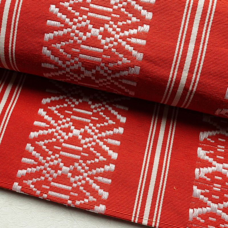 名古屋帯 全通柄 正絹 献上柄 縞柄・線柄 通し仕立て 帯 赤・朱_画像6