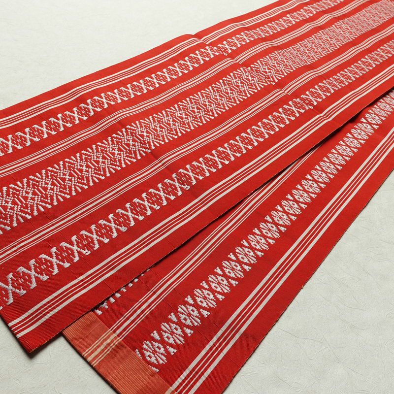 名古屋帯 全通柄 正絹 献上柄 縞柄・線柄 通し仕立て 帯 赤・朱_画像7