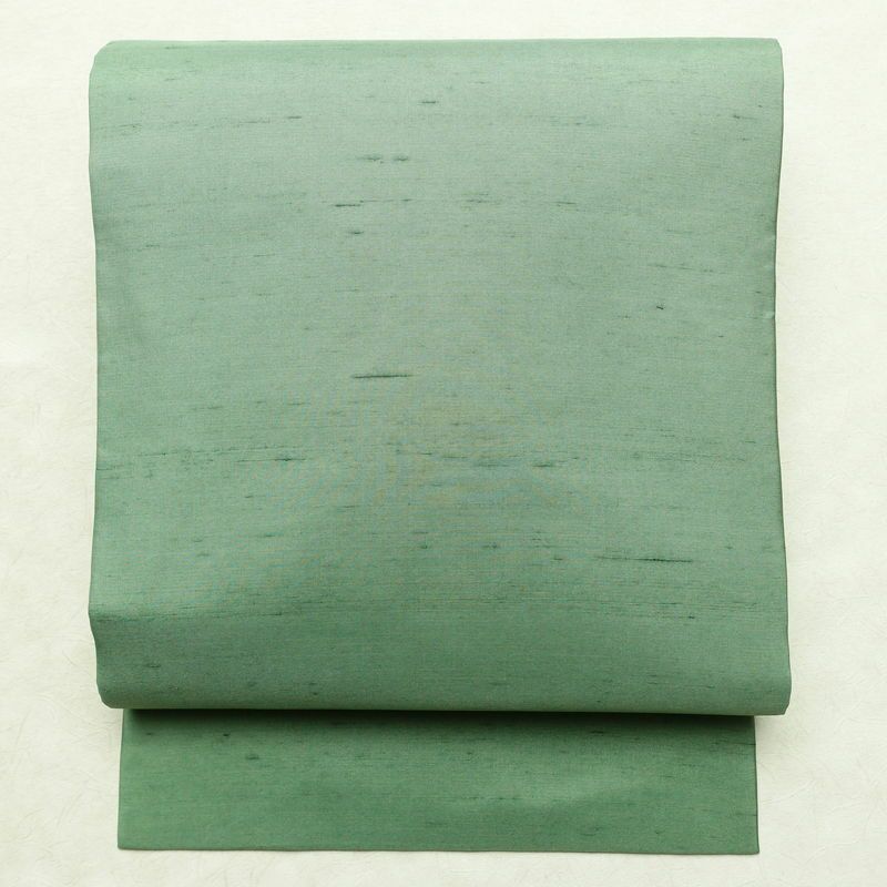 名古屋帯 全通柄 良品 正絹 無地 名古屋仕立て 帯 紬地 緑・うぐいす色_画像1