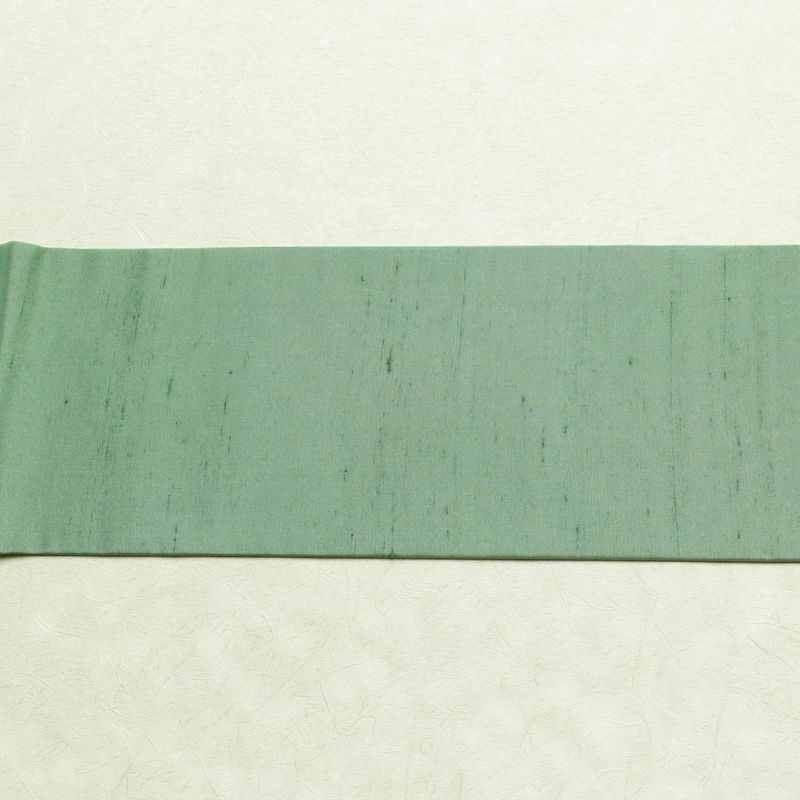 名古屋帯 全通柄 良品 正絹 無地 名古屋仕立て 帯 紬地 緑・うぐいす色_画像14